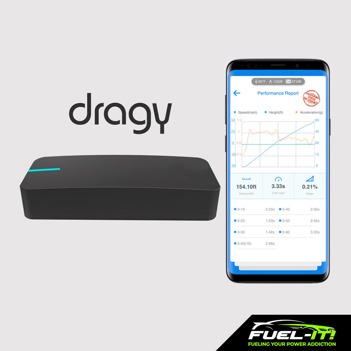 Dragy GPS performance tracker with mobile app showing acceleration data and speed metrics